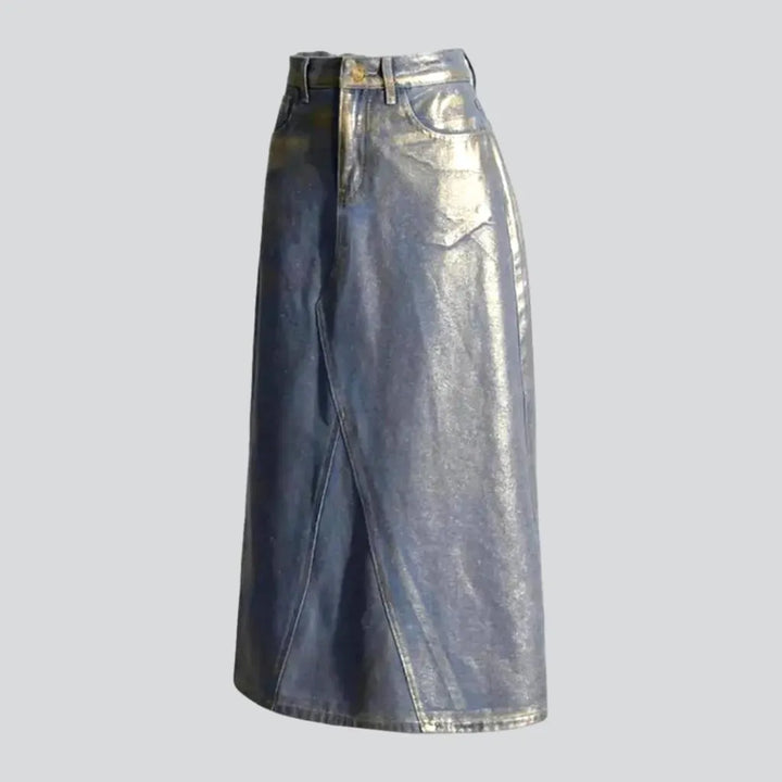 Maxi a-line waxed metallic jean skirt