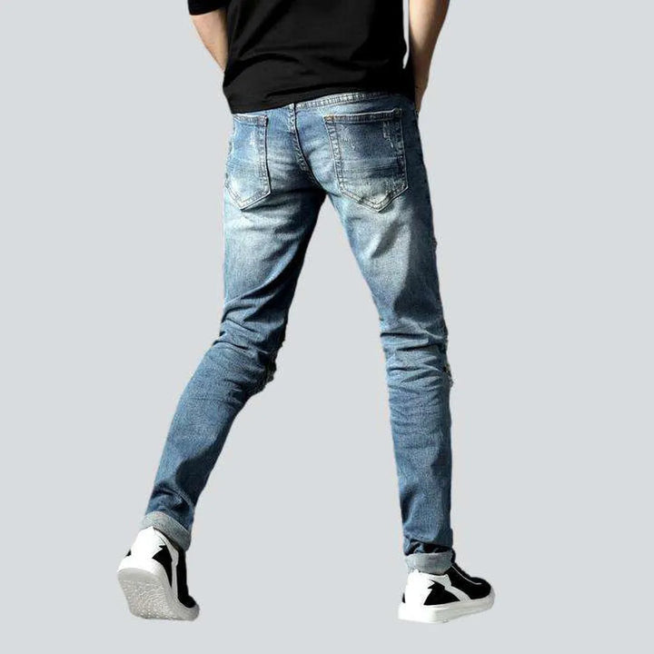 Patchwork knees men's biker jeans