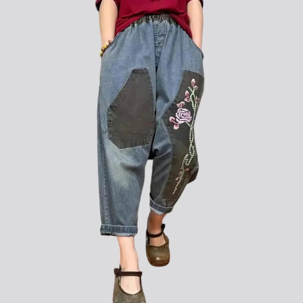 High-waist embroidered jean pants for women