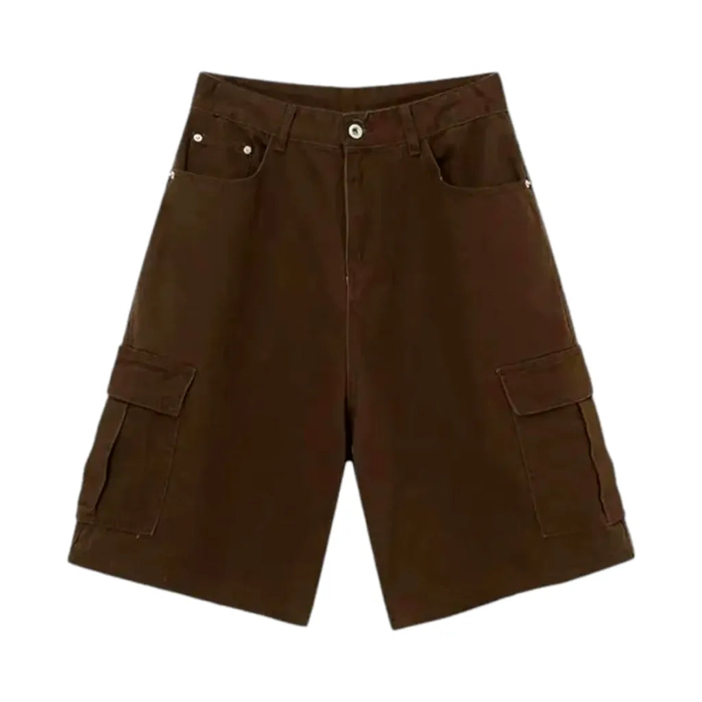 Baggy Cargo Style Mid Rise Men's Denim Shorts - Brown