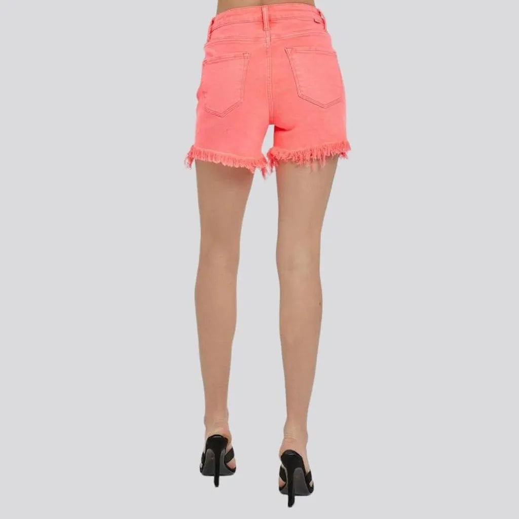 Asymmetric-waistline denim shorts
 for ladies