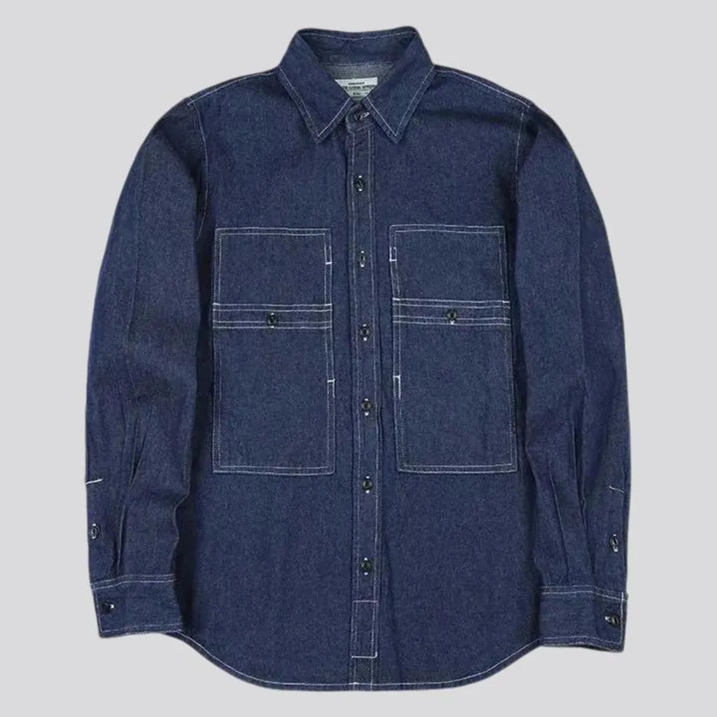 Medium stripes casual worker men's denim shirt