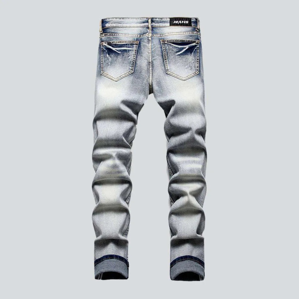 Patchwork knees biker men's jeans