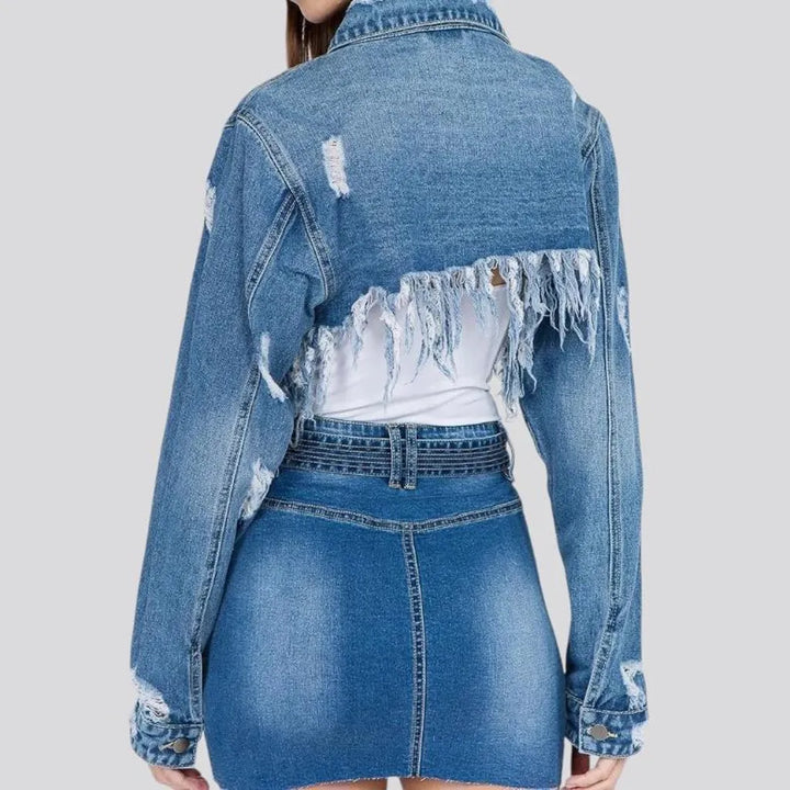 Fashionable frayed denim jacket for women