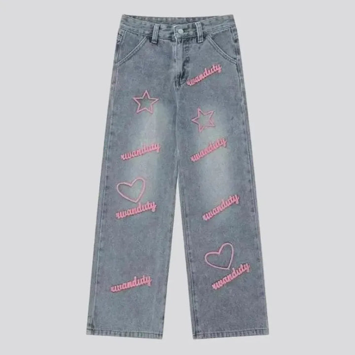 Y2k pink-embroidery jeans
 for women