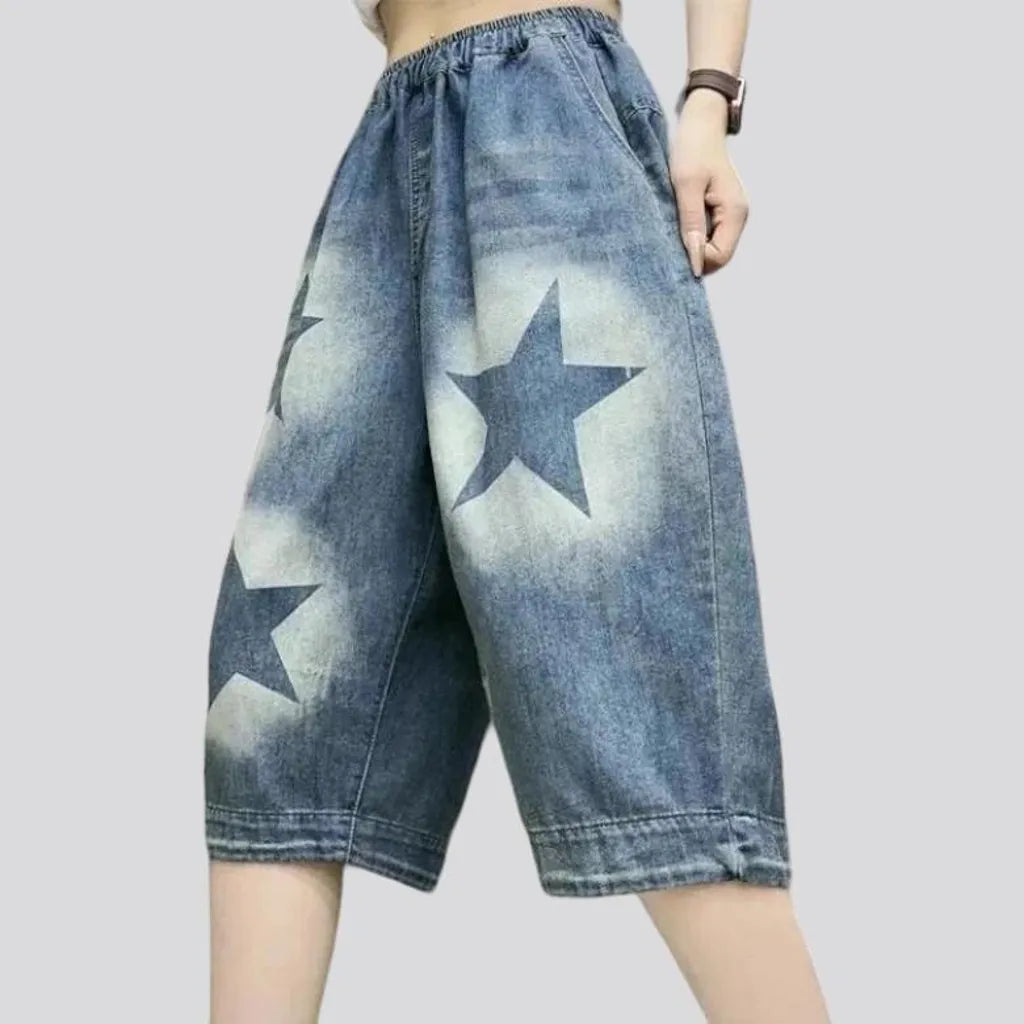 High-waist stars-print jean shorts
 for ladies