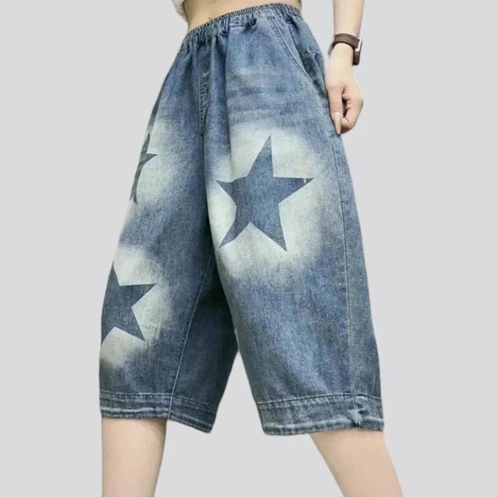 High-waist stars-print jean shorts for ladies