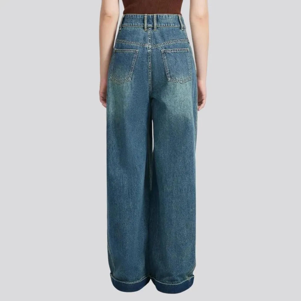 Stonewashed wide fit women's denim pants