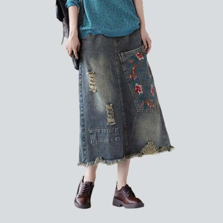 Vintage embroidered long jeans skirt