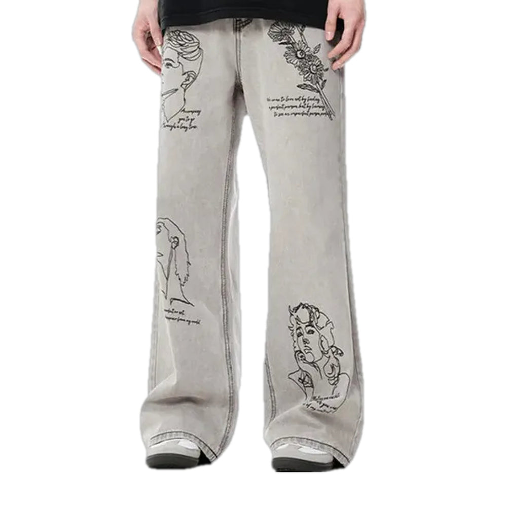 Wide Fit Floral Graphic Men's Jeans - Grey