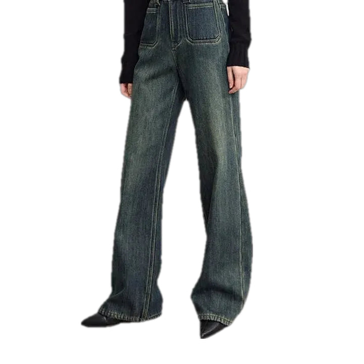 Padded Stonewashed Wide Women's Jeans - Dark Blue