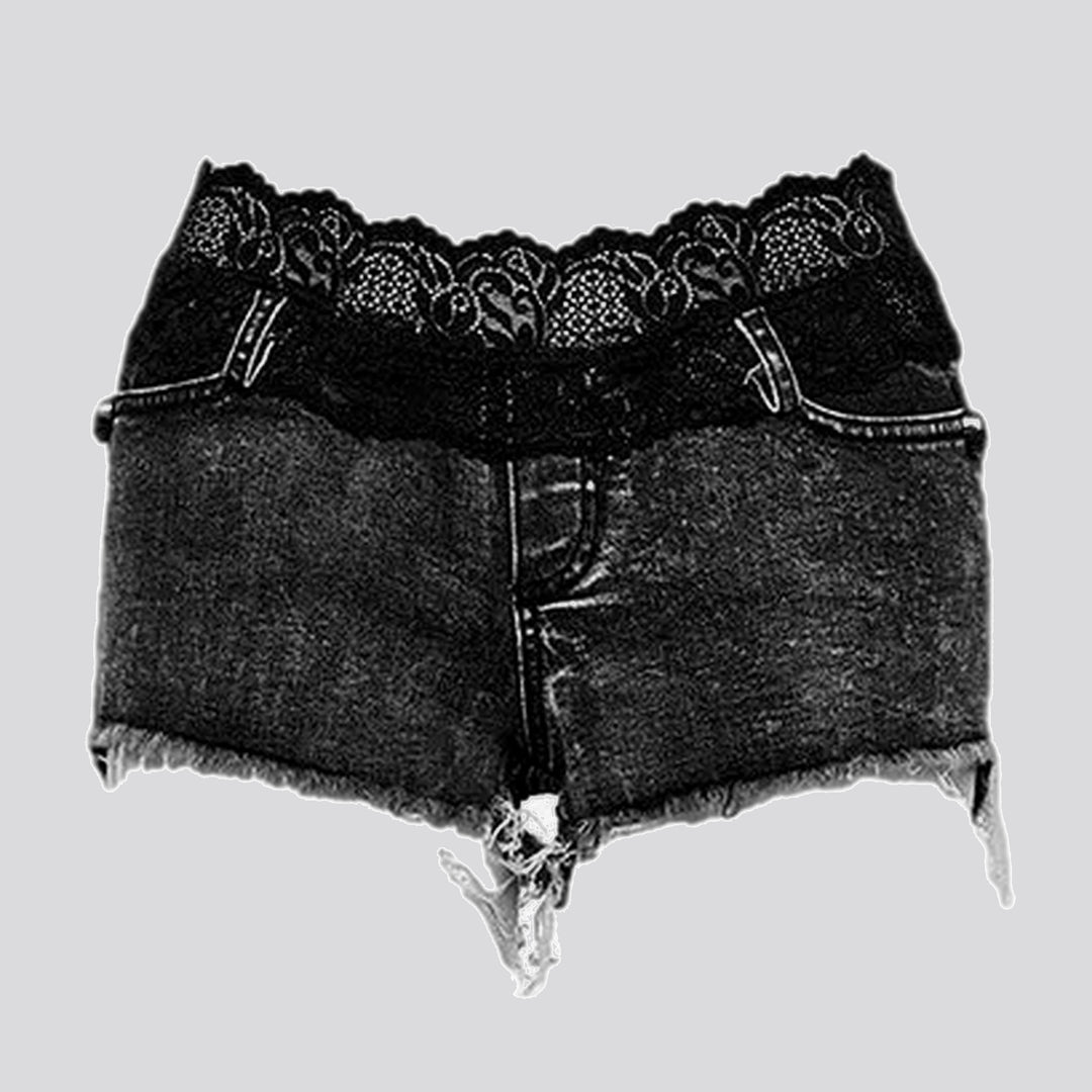 Elastic stitched design denim shorts for ladies