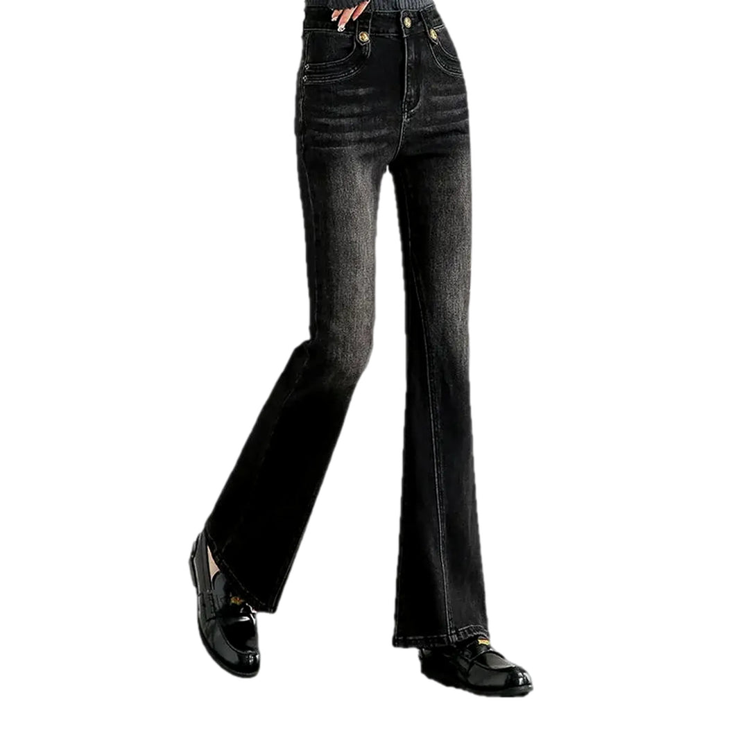 Fashionable Mid-waist Creased Women's Jeans - Black