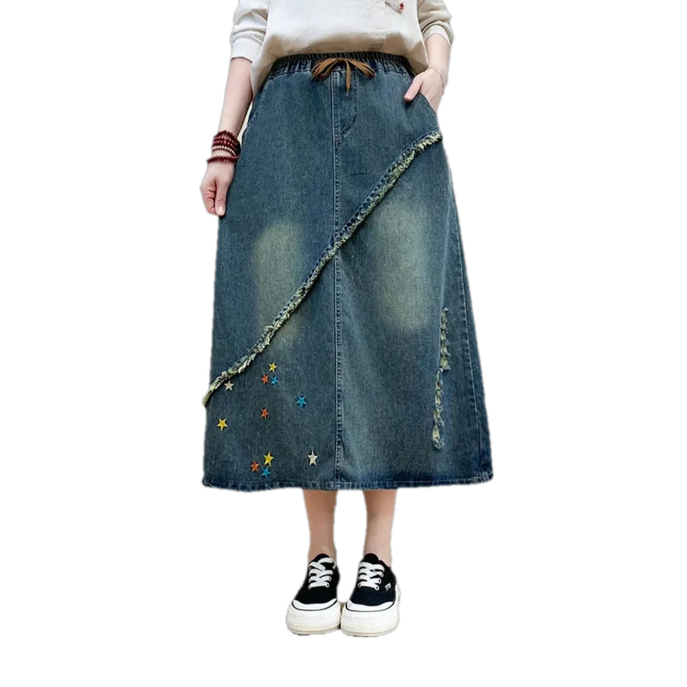 Stonewashed Street Style Midi Denim Skirt - Blue