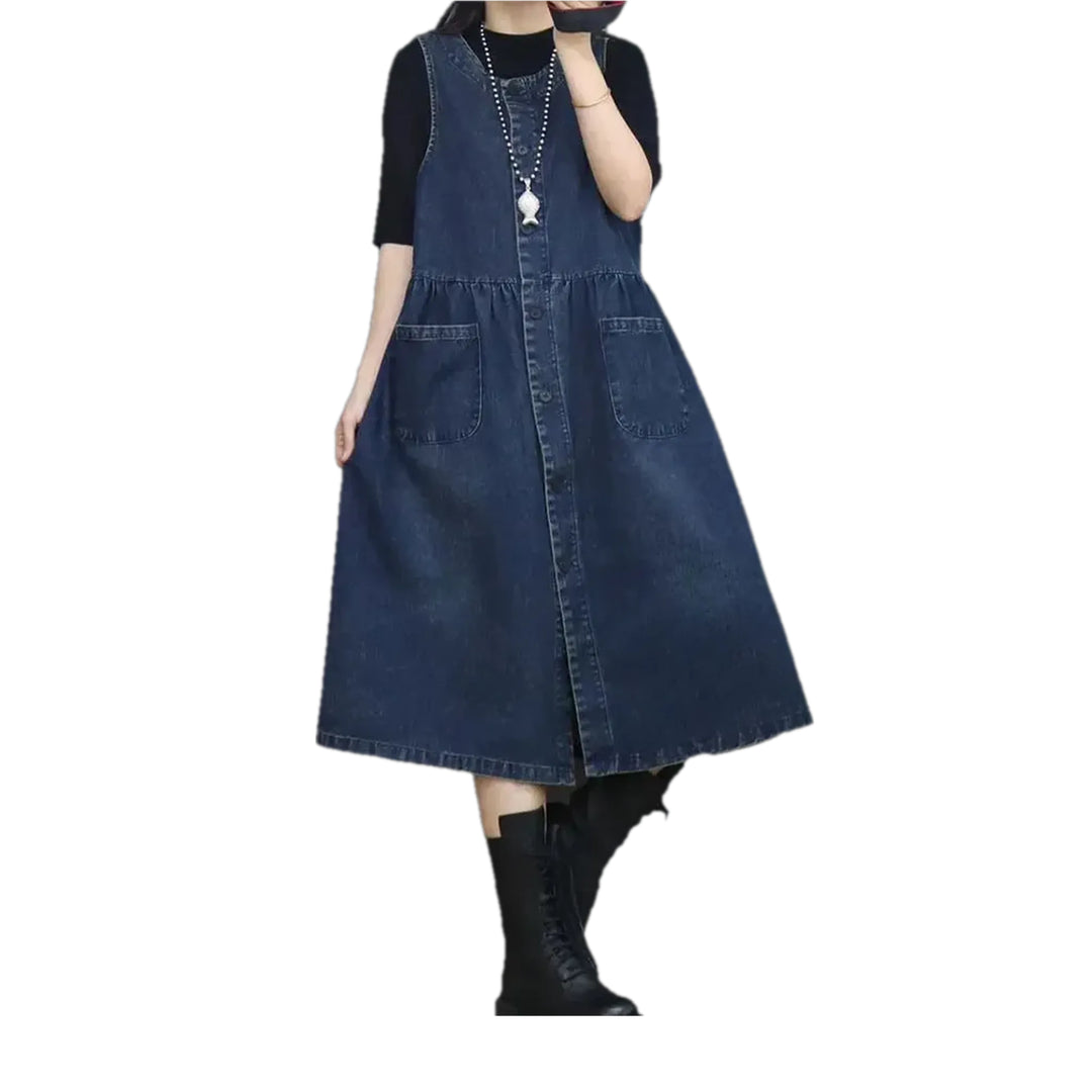 Medium-length Flared-fit Jean Dress - Dark Blue