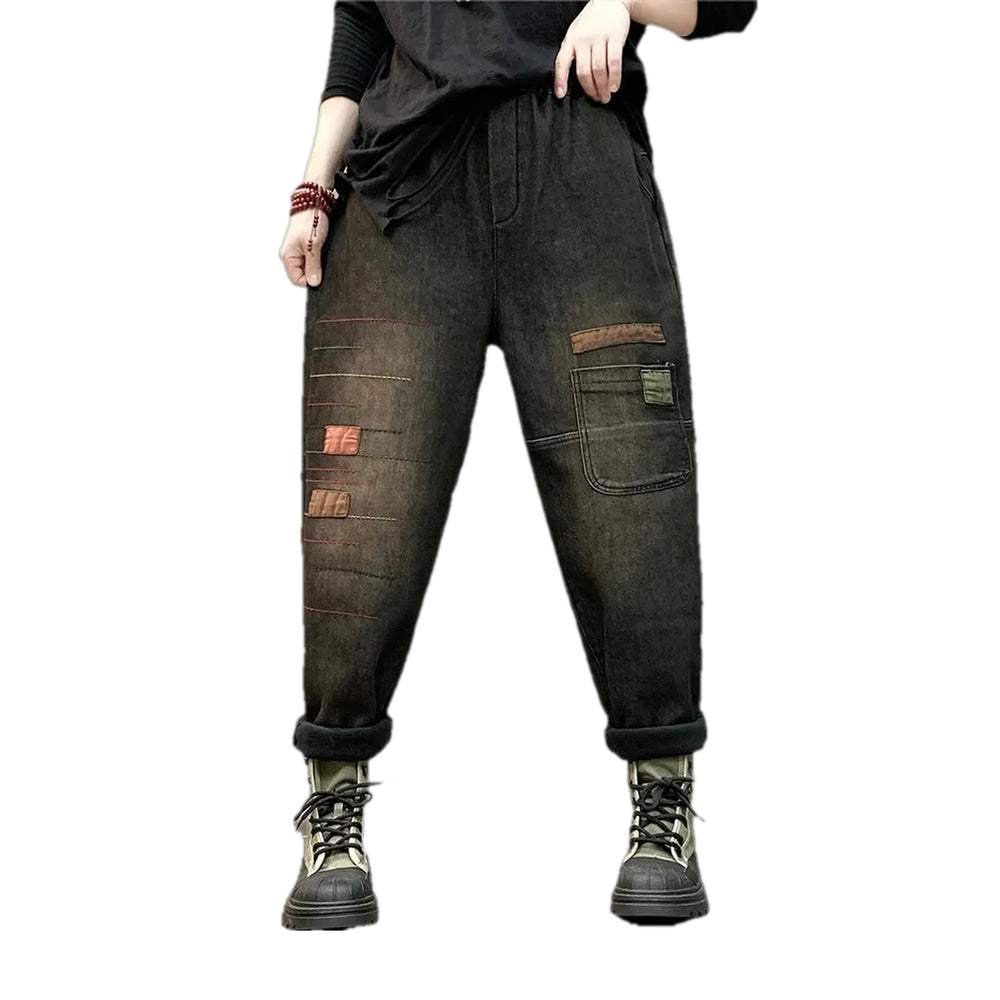 Vintage Multicolor Cargo Women's Denim Joggers - Black