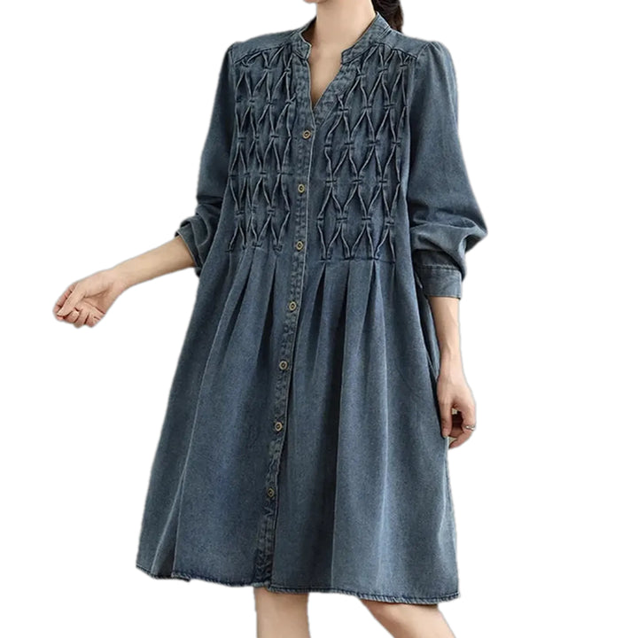 Boho Casual Lattice Denim Dress - Blue