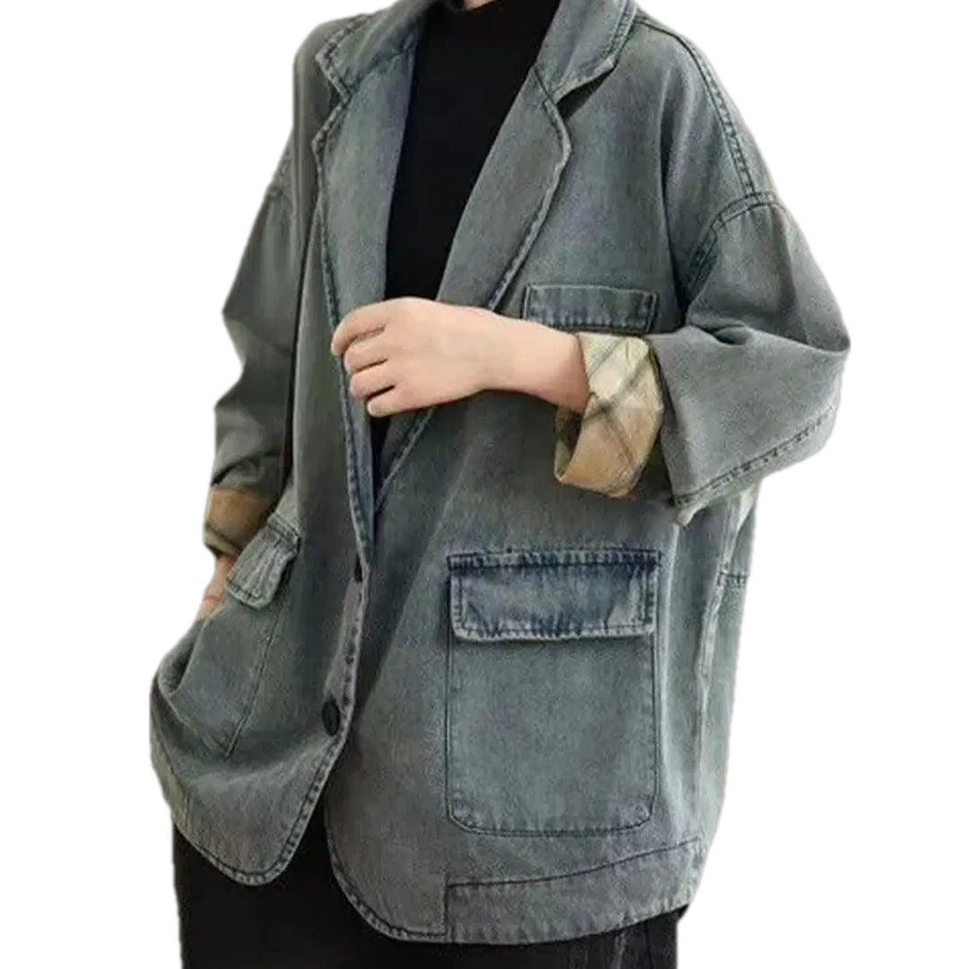 Boho Style Retro Plaid Cuff Denim Blazer for Women - Grey