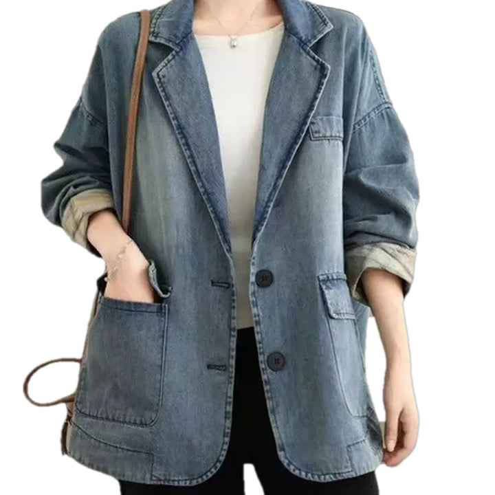 Boho Style Retro Plaid Cuff Denim Blazer for Women - Blue