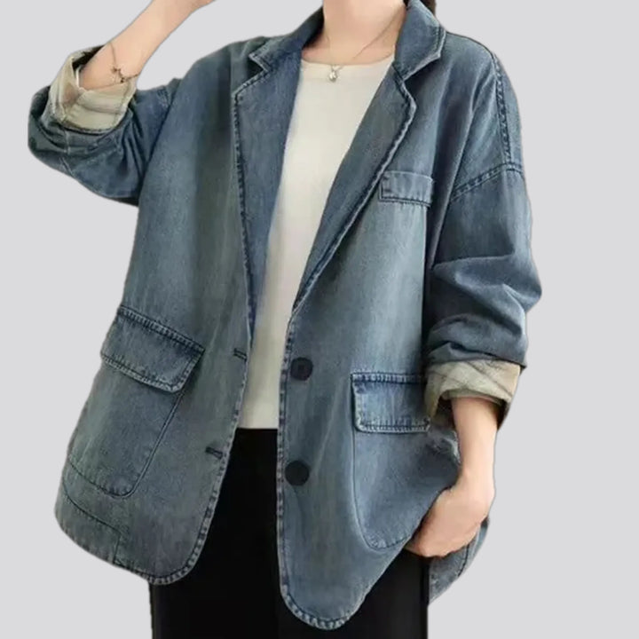 Boho style retro plaid cuff denim blazer for women