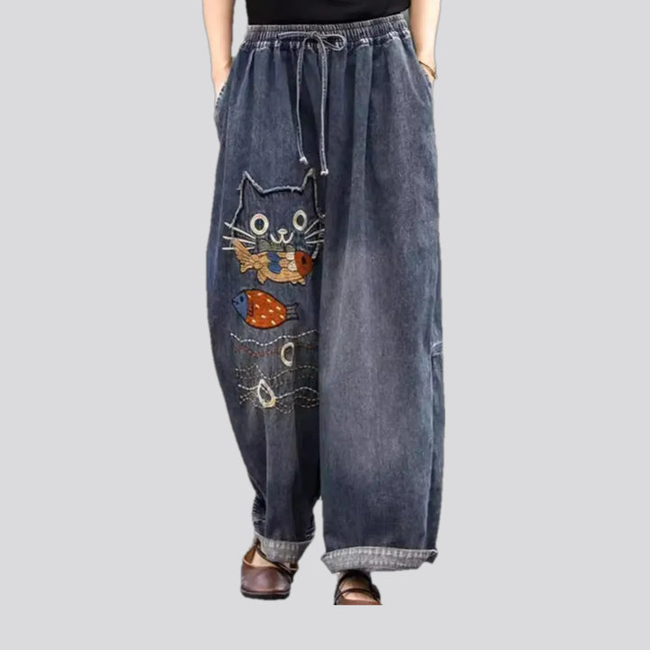 Mid rise boho cat design women's jean pants