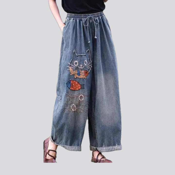 Mid rise boho cat design women's jean pants