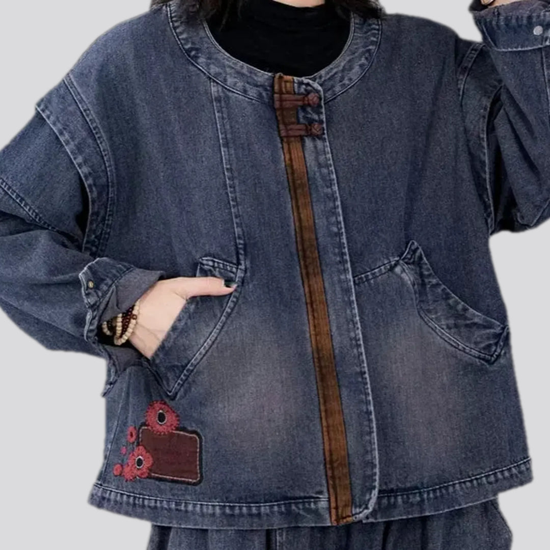 Floral collarless retro women's jean jacket