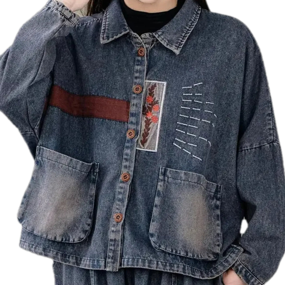 Retro Botanical Style Women's Jean Chore Jacket - Blue