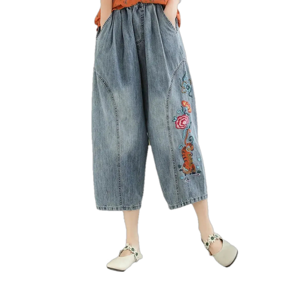 Boho Baggy Fit Floral Jean Joggers for Women - Light Blue