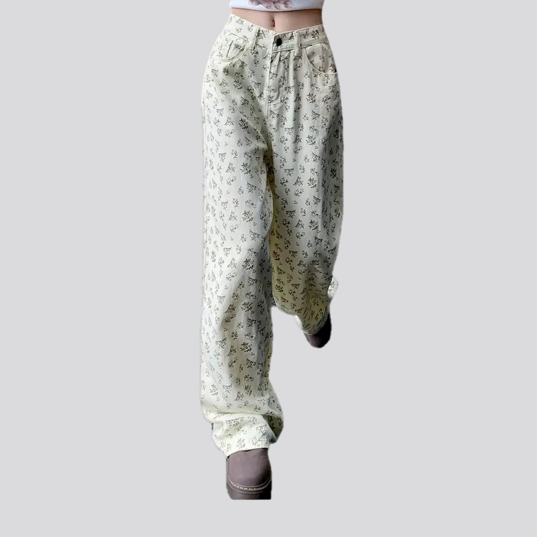 Fashionable flower patterned women's jeans pants