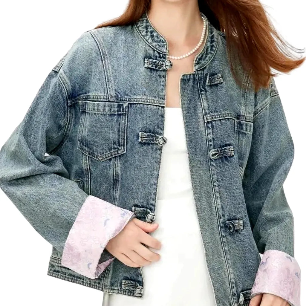 Floral Style Jean Jacket for Ladies - Light Blue