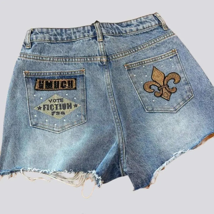 Teddy bear embroidery denim shorts