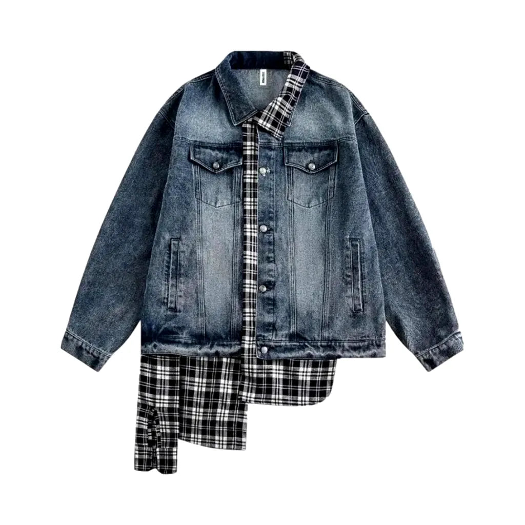 Faded Mixed Plaid Boho Jean Jacket for Men - Grey