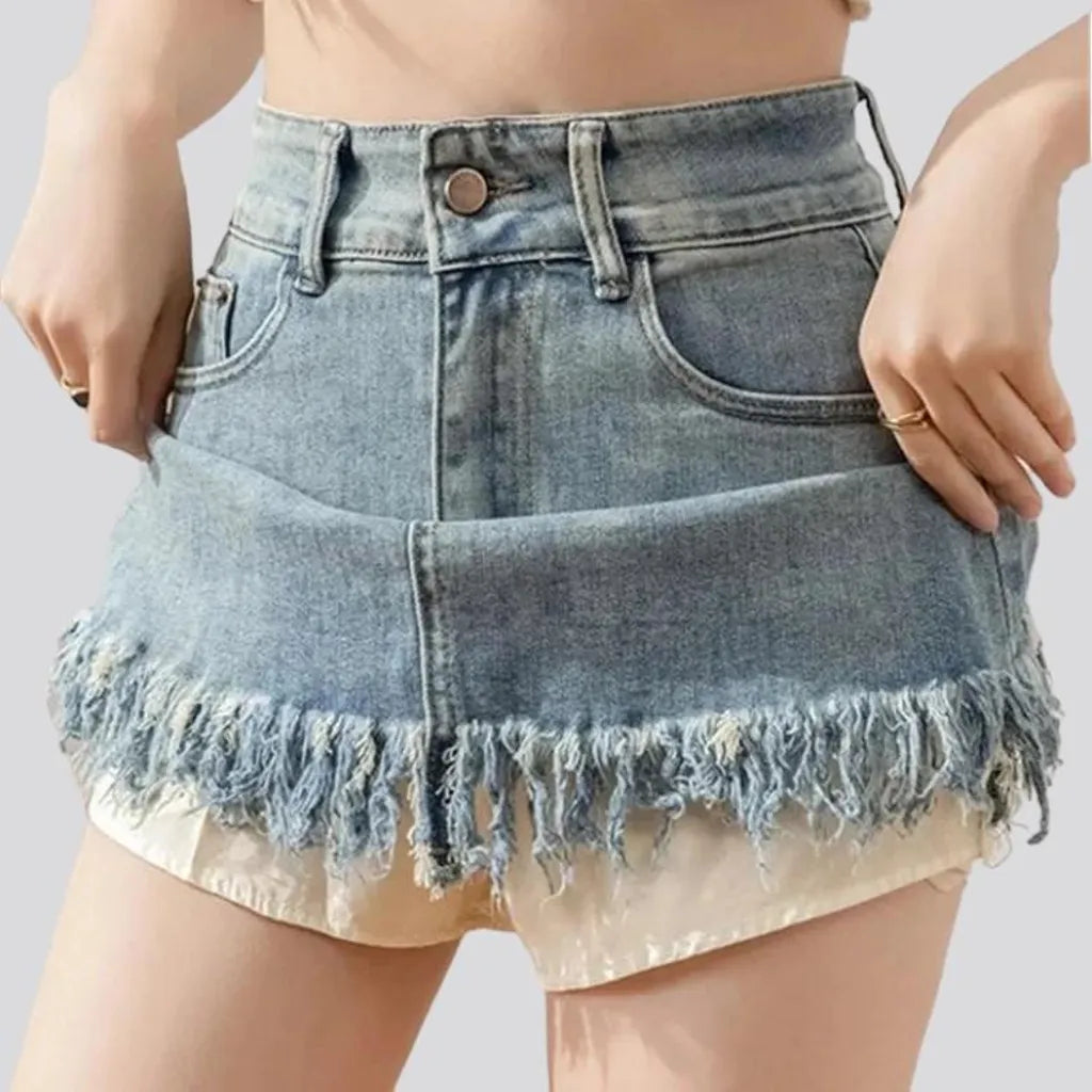 Fringe-hem light-wash denim skort