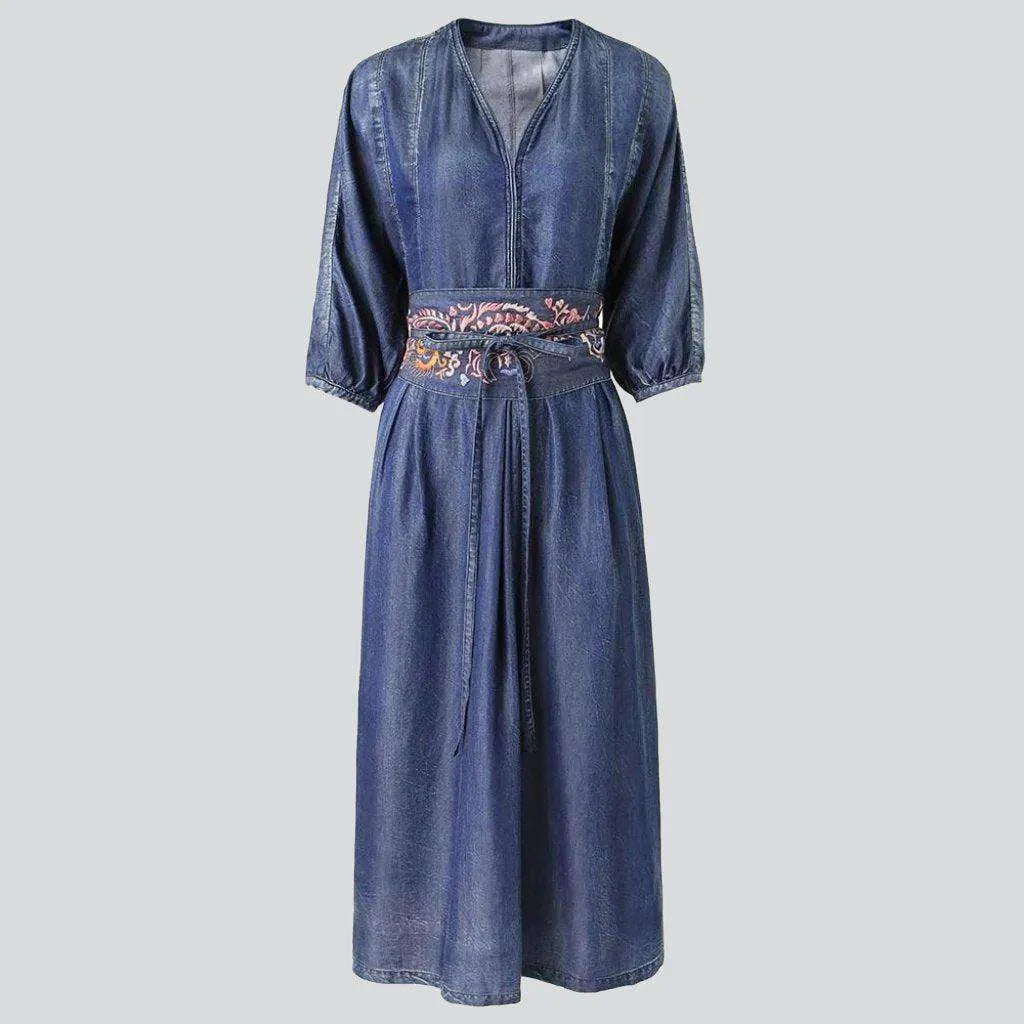 Embroidered flared jean dress