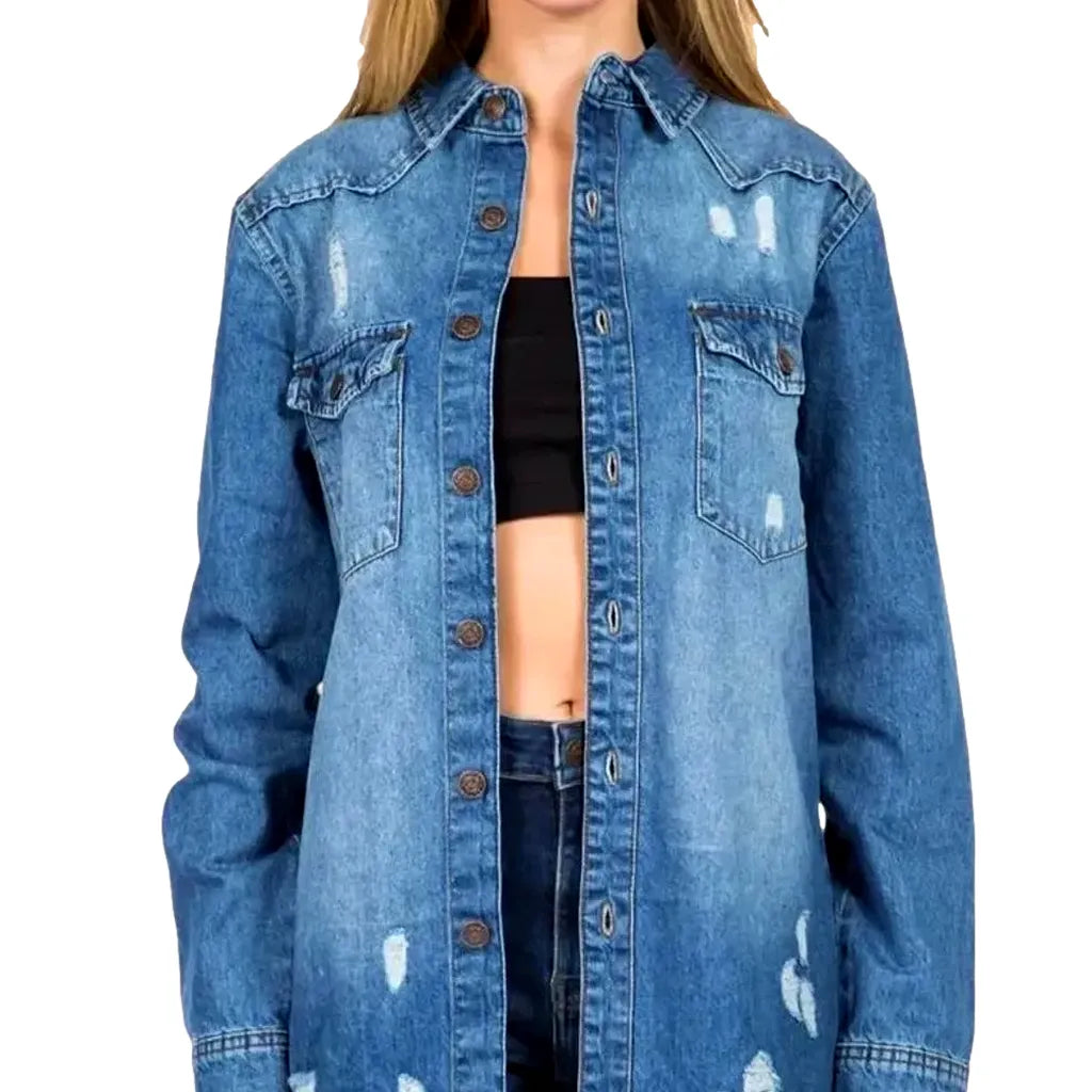 Trendy Distressed Jean Shirt for Ladies - Blue