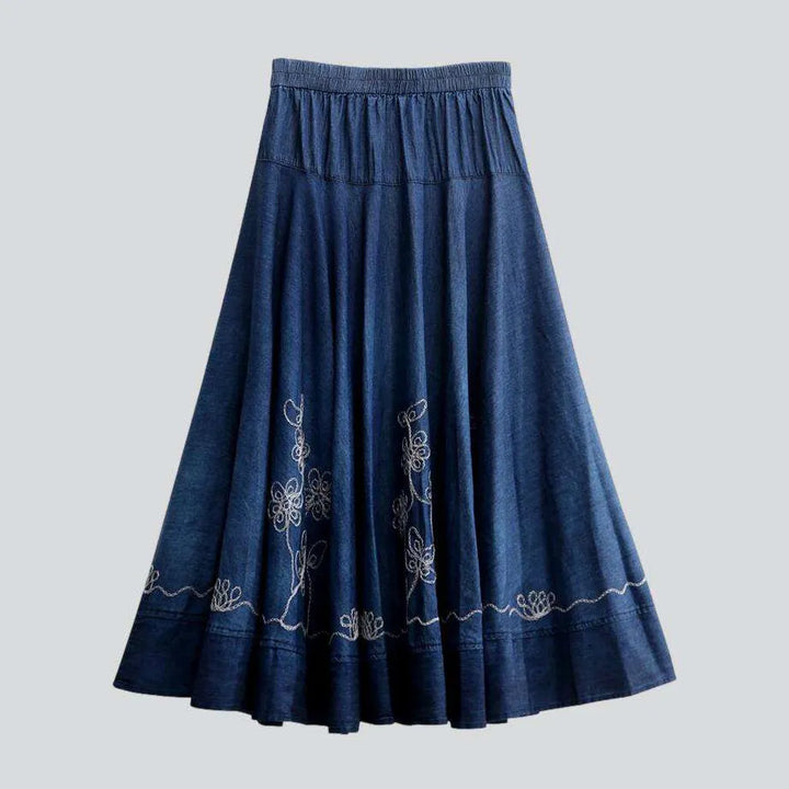 Embroidered flare women's jean skirt