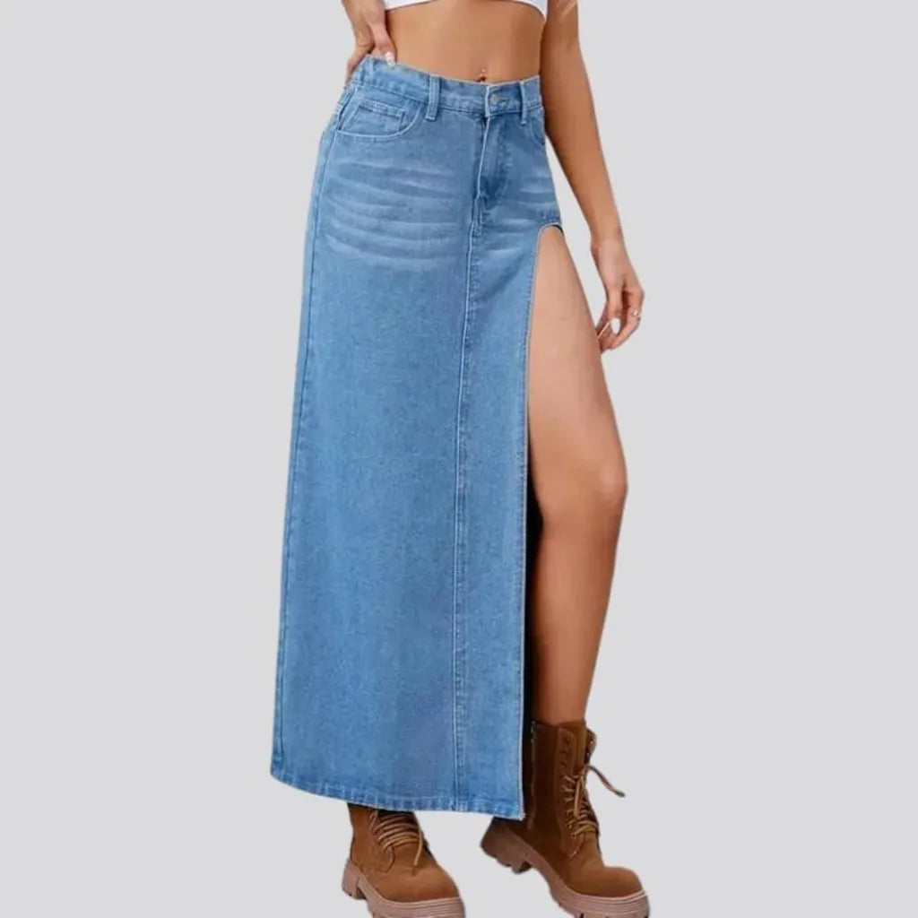 long, whiskered, asymmetric, leg-slit, high-waist, 5-pockets, zipper-button, women's skirt | Jeans4you.shop