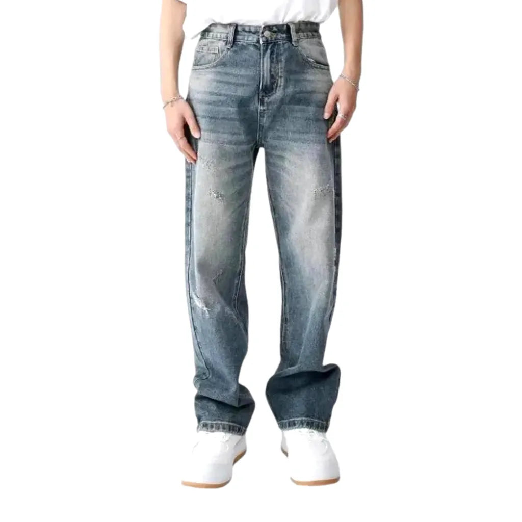 Mid Rise Whiskered Street Men's Jeans - Blue