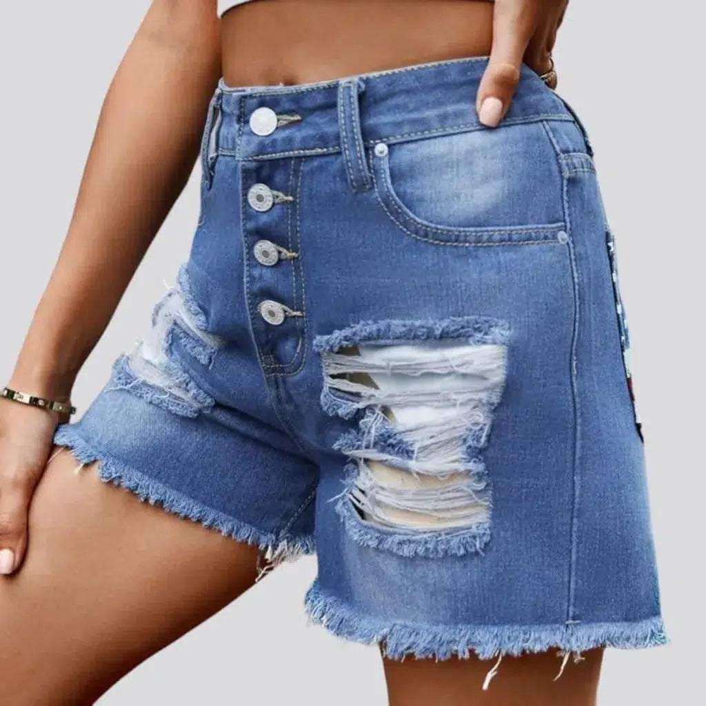 High-waist patched jeans shorts