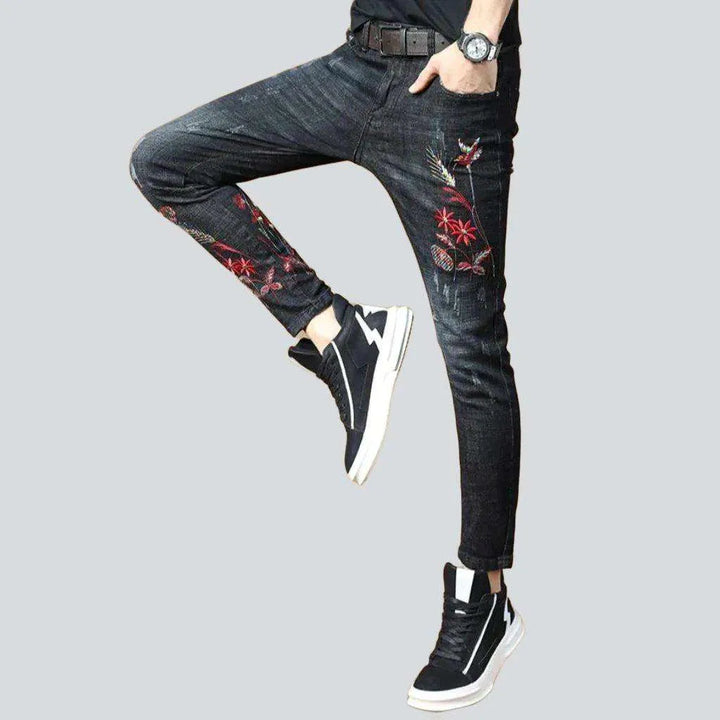 Red embroidery skinny men's jeans