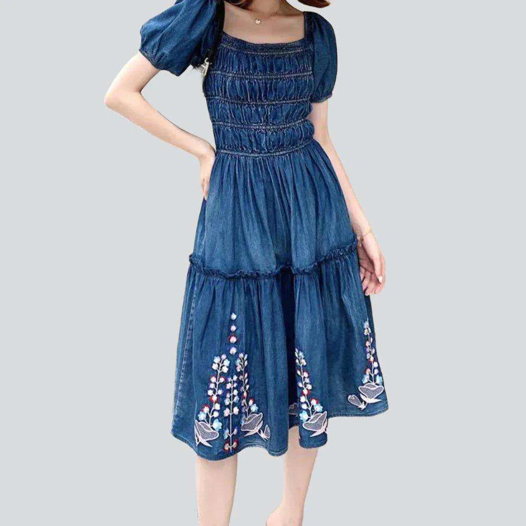 Pleated embroidered midi denim dress