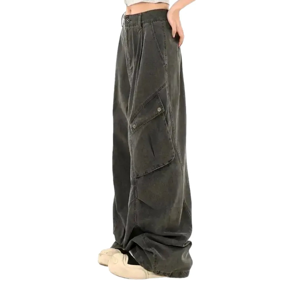 Boho Style High Rise Denim Pants for Ladies - Grey