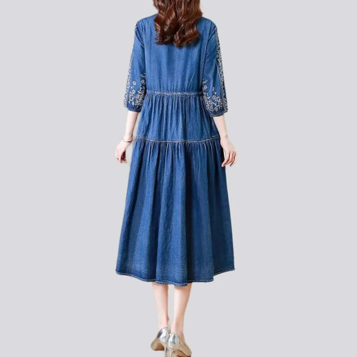 Long boho embroidered denim dress