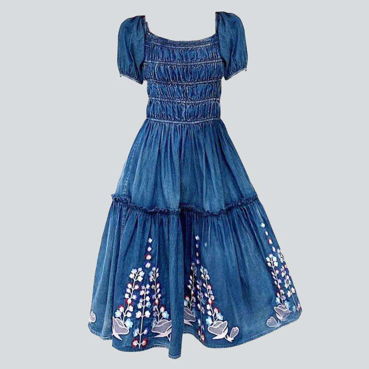 Pleated embroidered midi denim dress