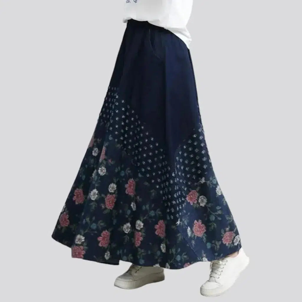 Flower dark-wash women's denim skirt