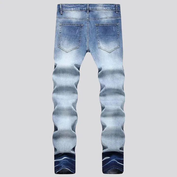 Sanded men's red-crystal-patch jeans