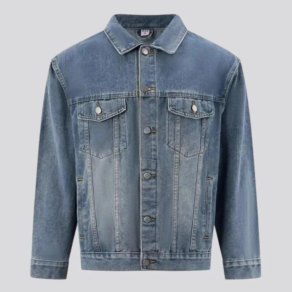 Sanded casual style men's denim trucker jacket