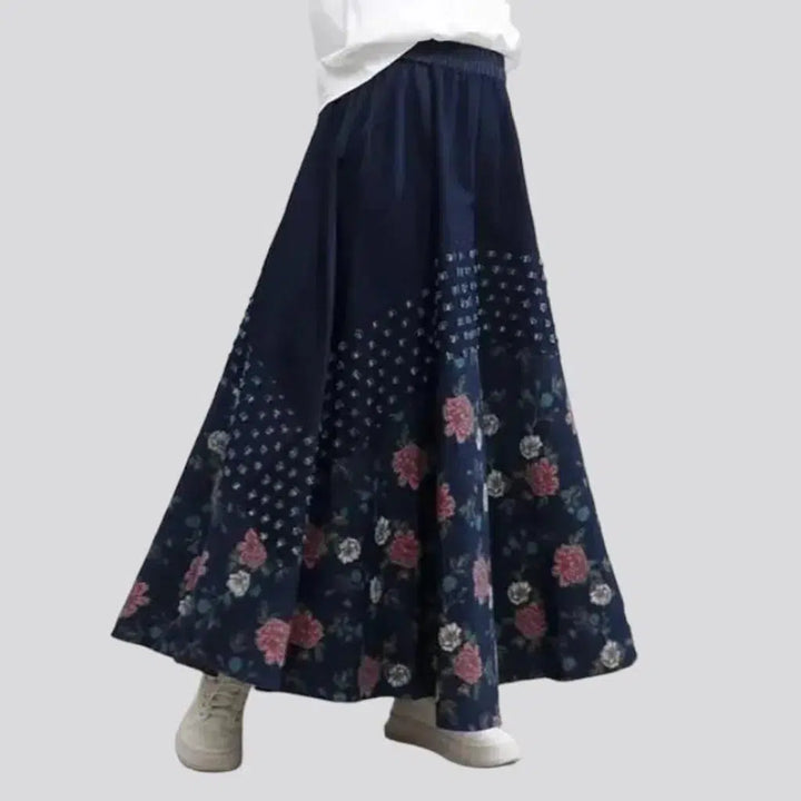 Flower dark-wash women's denim skirt