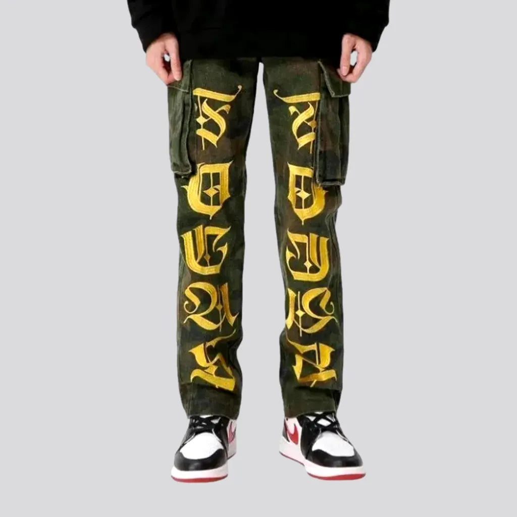 Yellow-print men's mid-waist jeans | Jeans4you.shop